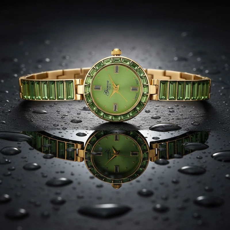 GENOA Time V2, Peridot-farbene Zirkonia, Kristalluhr, japanisches Uhrwerk, 316L Edelstahl, grün