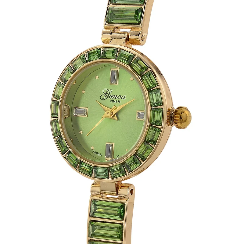 GENOA Time V2, Peridot-farbene Zirkonia, Kristalluhr, japanisches Uhrwerk, 316L Edelstahl, grün