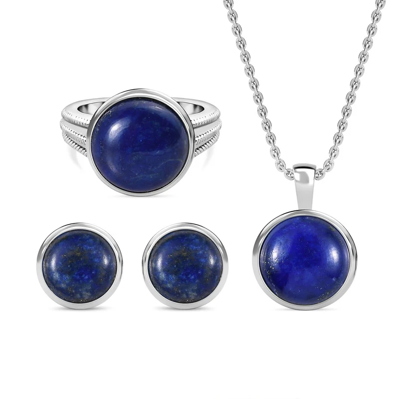 3er Set - Lapislazuli Anhänger mit Kette (ca. 50 cm), Ring (Größe 17.00) und Ohrstecker Schmuckset, 316L Edelstahl ca. 29.17 ct