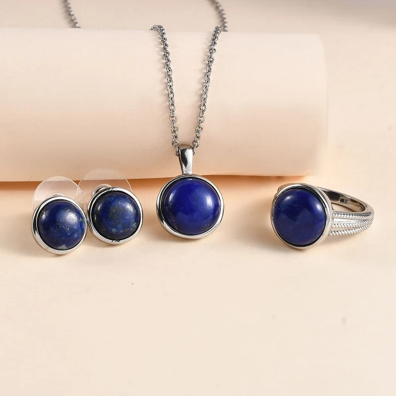 3er Set - Lapislazuli Anhänger mit Kette (ca. 50 cm), Ring (Größe 17.00) und Ohrstecker Schmuckset, 316L Edelstahl ca. 29.17 ct