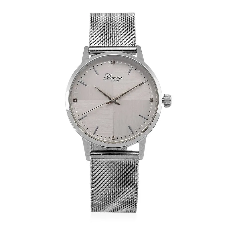 GENOA TIME - V2 Automatik Armbanduhr, Gehäuse 316 Edelstahl Sonnenschein Zifferblatt mit weißem Diamant Edelstahl Mesharmband goldfarben