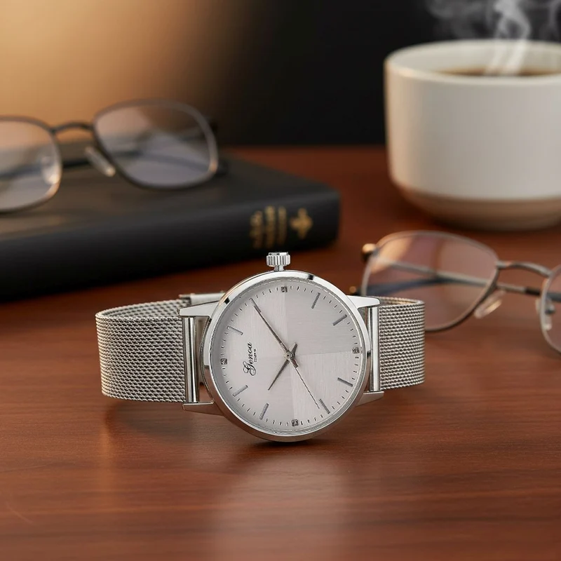 GENOA TIME - V2 Automatik Armbanduhr, Gehäuse 316 Edelstahl Sonnenschein Zifferblatt mit weißem Diamant Edelstahl Mesharmband goldfarben