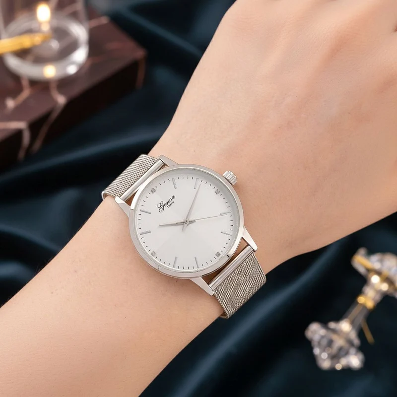 GENOA TIME - V2 Automatik Armbanduhr, Gehäuse 316 Edelstahl Sonnenschein Zifferblatt mit weißem Diamant Edelstahl Mesharmband goldfarben