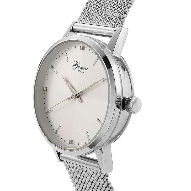 GENOA TIME - V2 Automatik Armbanduhr, Gehäuse 316 Edelstahl Sonnenschein Zifferblatt mit weißem Diamant Edelstahl Mesharmband goldfarben