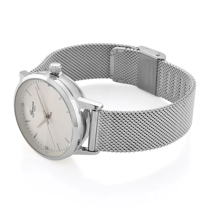 GENOA TIME - V2 Automatik Armbanduhr, Gehäuse 316 Edelstahl Sonnenschein Zifferblatt mit weißem Diamant Edelstahl Mesharmband goldfarben