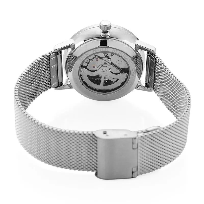 GENOA TIME - V2 Automatik Armbanduhr, Gehäuse 316 Edelstahl Sonnenschein Zifferblatt mit weißem Diamant Edelstahl Mesharmband goldfarben