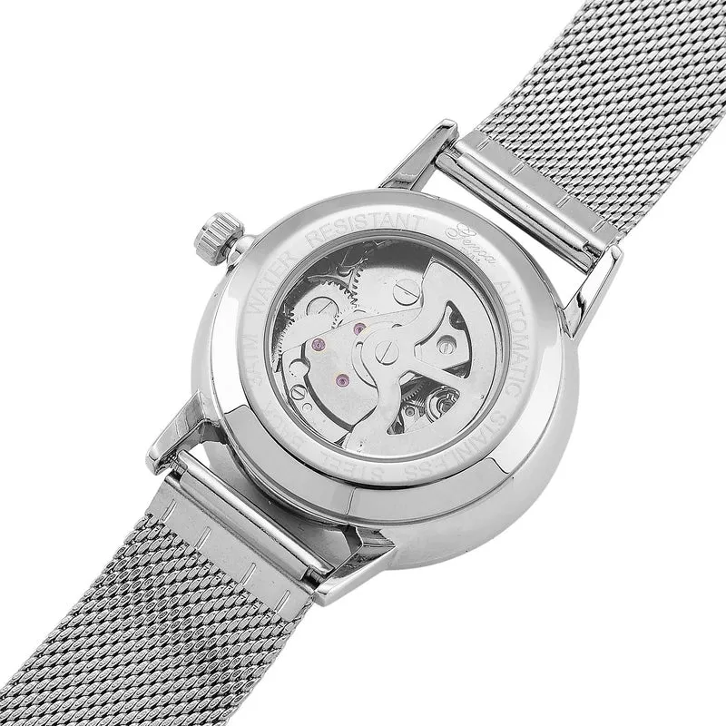 GENOA TIME - V2 Automatik Armbanduhr, Gehäuse 316 Edelstahl Sonnenschein Zifferblatt mit weißem Diamant Edelstahl Mesharmband goldfarben
