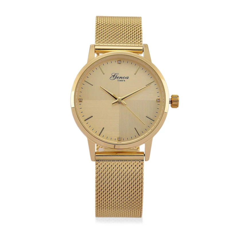 GENOA TIME - V2 Automatik Armbanduhr, Gehäuse 316 Edelstahl Sonnenschein Zifferblatt mit weißem Diamant Edelstahl Mesharmband goldfarben