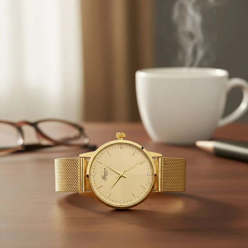 GENOA TIME - V2 Automatik Armbanduhr, Gehäuse 316 Edelstahl Sonnenschein Zifferblatt mit weißem Diamant Edelstahl Mesharmband goldfarben