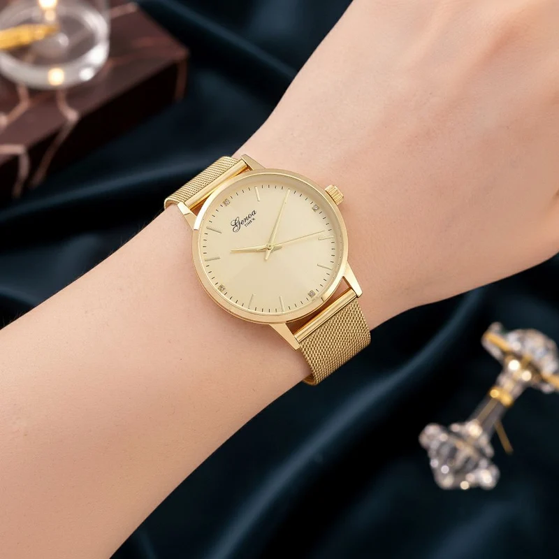 GENOA TIME - V2 Automatik Armbanduhr, Gehäuse 316 Edelstahl Sonnenschein Zifferblatt mit weißem Diamant Edelstahl Mesharmband goldfarben
