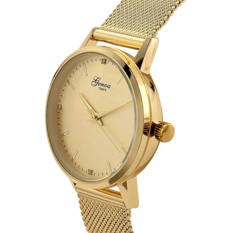 GENOA TIME - V2 Automatik Armbanduhr, Gehäuse 316 Edelstahl Sonnenschein Zifferblatt mit weißem Diamant Edelstahl Mesharmband goldfarben