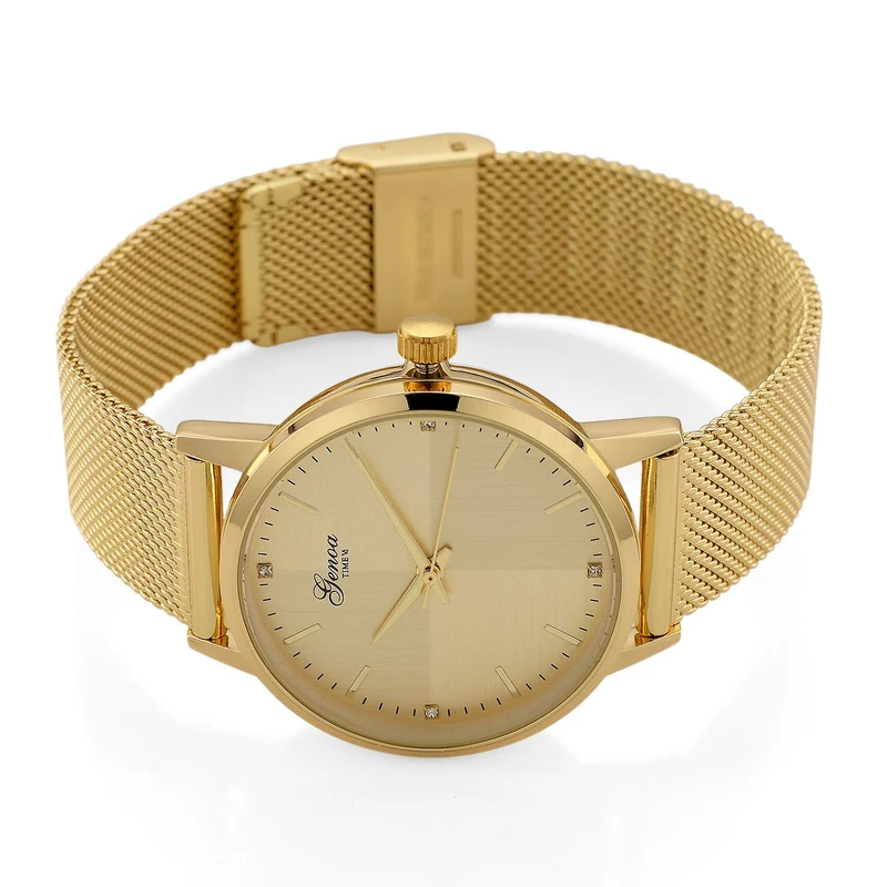 GENOA TIME - V2 Automatik Armbanduhr, Gehäuse 316 Edelstahl Sonnenschein Zifferblatt mit weißem Diamant Edelstahl Mesharmband goldfarben