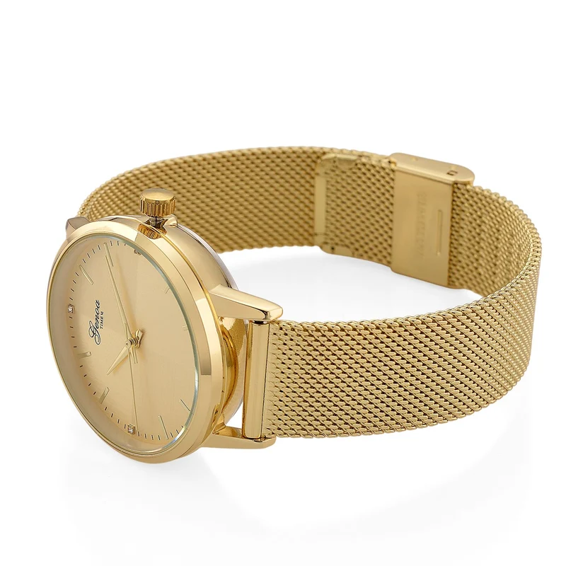 GENOA TIME - V2 Automatik Armbanduhr, Gehäuse 316 Edelstahl Sonnenschein Zifferblatt mit weißem Diamant Edelstahl Mesharmband goldfarben