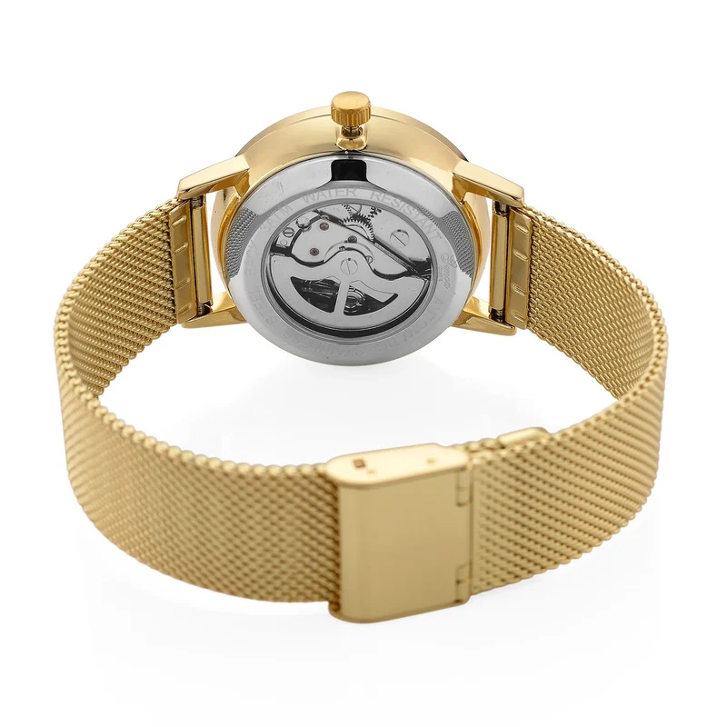 GENOA TIME - V2 Automatik Armbanduhr, Gehäuse 316 Edelstahl Sonnenschein Zifferblatt mit weißem Diamant Edelstahl Mesharmband goldfarben