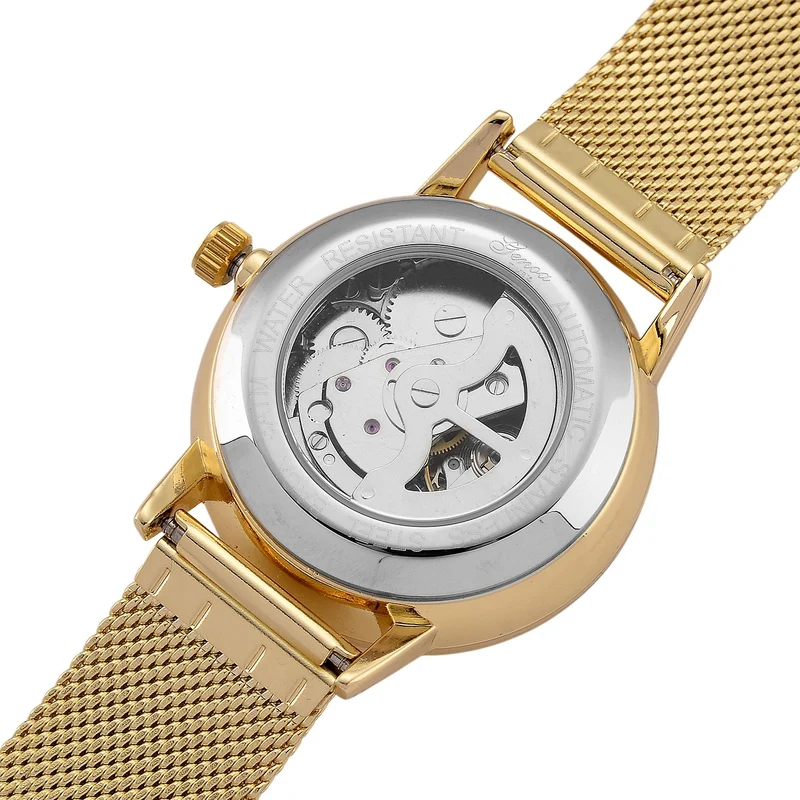 GENOA TIME - V2 Automatik Armbanduhr, Gehäuse 316 Edelstahl Sonnenschein Zifferblatt mit weißem Diamant Edelstahl Mesharmband goldfarben