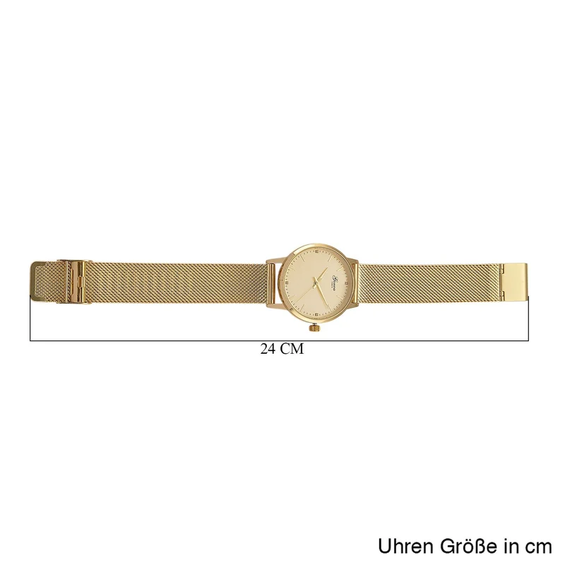GENOA TIME - V2 Automatik Armbanduhr, Gehäuse 316 Edelstahl Sonnenschein Zifferblatt mit weißem Diamant Edelstahl Mesharmband goldfarben