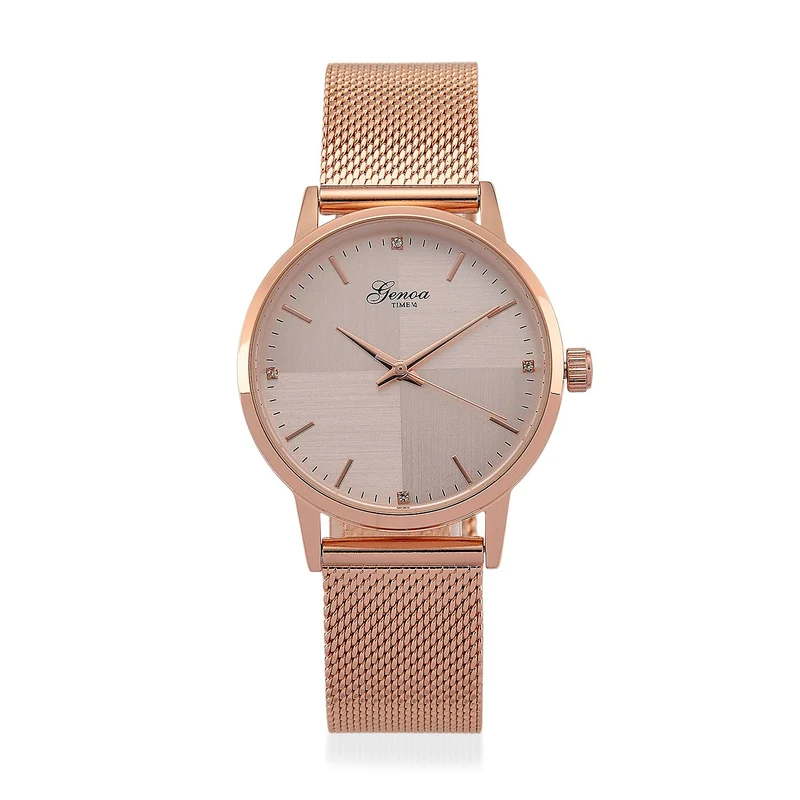 GENOA TIME - V2 Automatik Armbanduhr, Gehäuse 316 Edelstahl Sonnenschein Zifferblatt mit weißem Diamant Edelstahl Mesharmband goldfarben