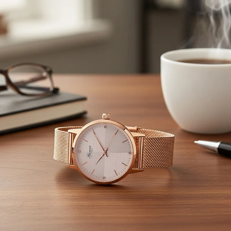 GENOA TIME - V2 Automatik Armbanduhr, Gehäuse 316 Edelstahl Sonnenschein Zifferblatt mit weißem Diamant Edelstahl Mesharmband goldfarben