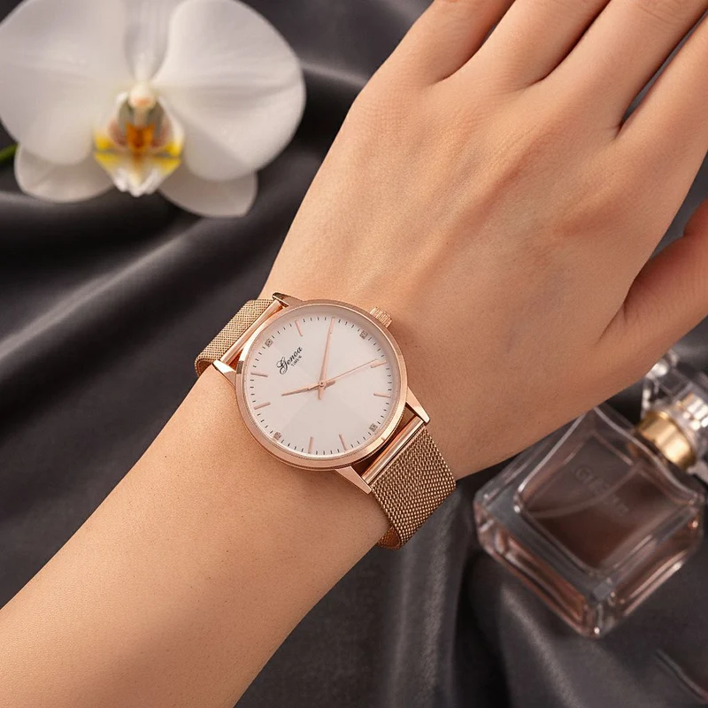 GENOA TIME - V2 Automatik Armbanduhr, Gehäuse 316 Edelstahl Sonnenschein Zifferblatt mit weißem Diamant Edelstahl Mesharmband goldfarben