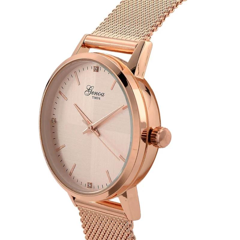 GENOA TIME - V2 Automatik Armbanduhr, Gehäuse 316 Edelstahl Sonnenschein Zifferblatt mit weißem Diamant Edelstahl Mesharmband goldfarben