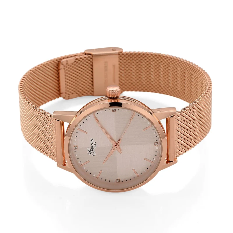GENOA TIME - V2 Automatik Armbanduhr, Gehäuse 316 Edelstahl Sonnenschein Zifferblatt mit weißem Diamant Edelstahl Mesharmband goldfarben