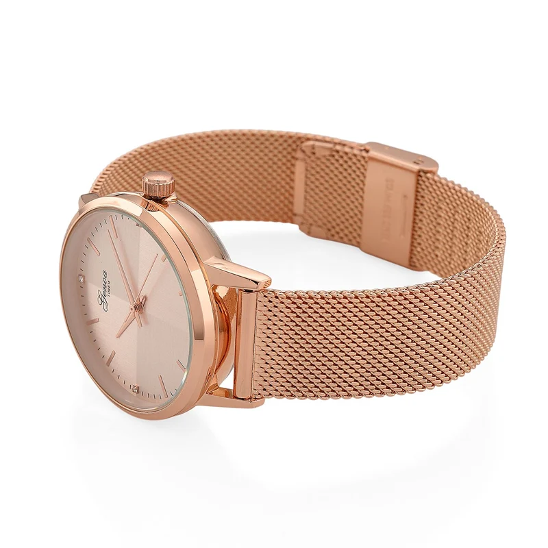 GENOA TIME - V2 Automatik Armbanduhr, Gehäuse 316 Edelstahl Sonnenschein Zifferblatt mit weißem Diamant Edelstahl Mesharmband goldfarben