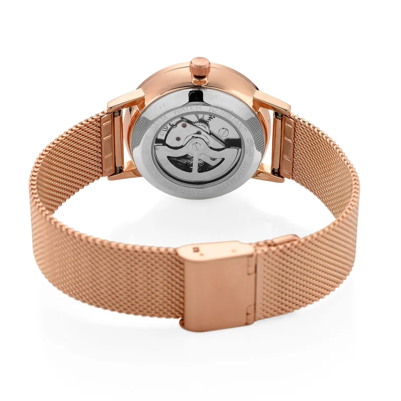 GENOA TIME - V2 Automatik Armbanduhr, Gehäuse 316 Edelstahl Sonnenschein Zifferblatt mit weißem Diamant Edelstahl Mesharmband goldfarben