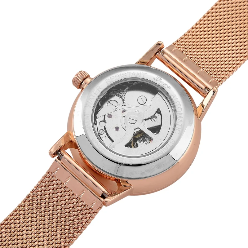 GENOA TIME - V2 Automatik Armbanduhr, Gehäuse 316 Edelstahl Sonnenschein Zifferblatt mit weißem Diamant Edelstahl Mesharmband goldfarben