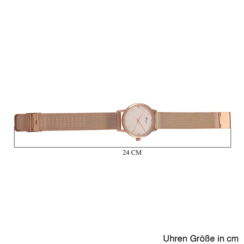 GENOA TIME - V2 Automatik Armbanduhr, Gehäuse 316 Edelstahl Sonnenschein Zifferblatt mit weißem Diamant Edelstahl Mesharmband goldfarben