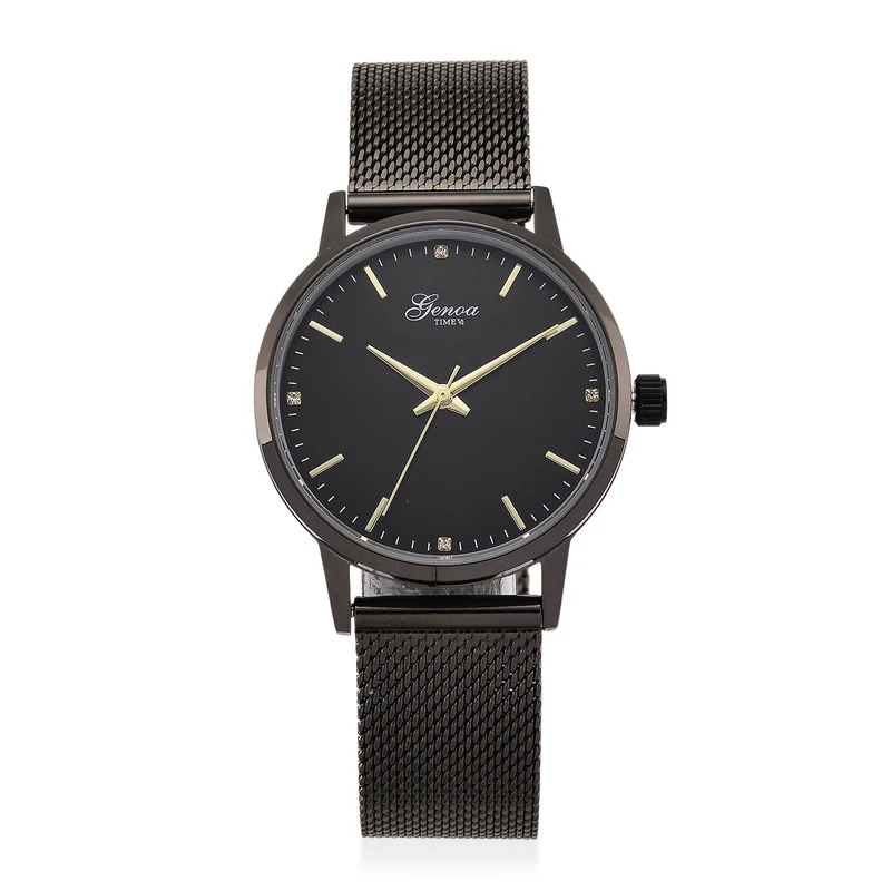 GENOA TIME - V2 Automatik Armbanduhr, Gehäuse 316 Edelstahl Sonnenschein Zifferblatt mit weißem Diamant Edelstahl Mesharmband goldfarben
