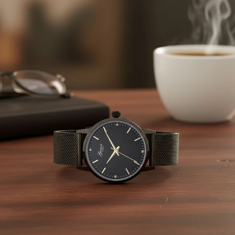 GENOA TIME - V2 Automatik Armbanduhr, Gehäuse 316 Edelstahl Sonnenschein Zifferblatt mit weißem Diamant Edelstahl Mesharmband goldfarben