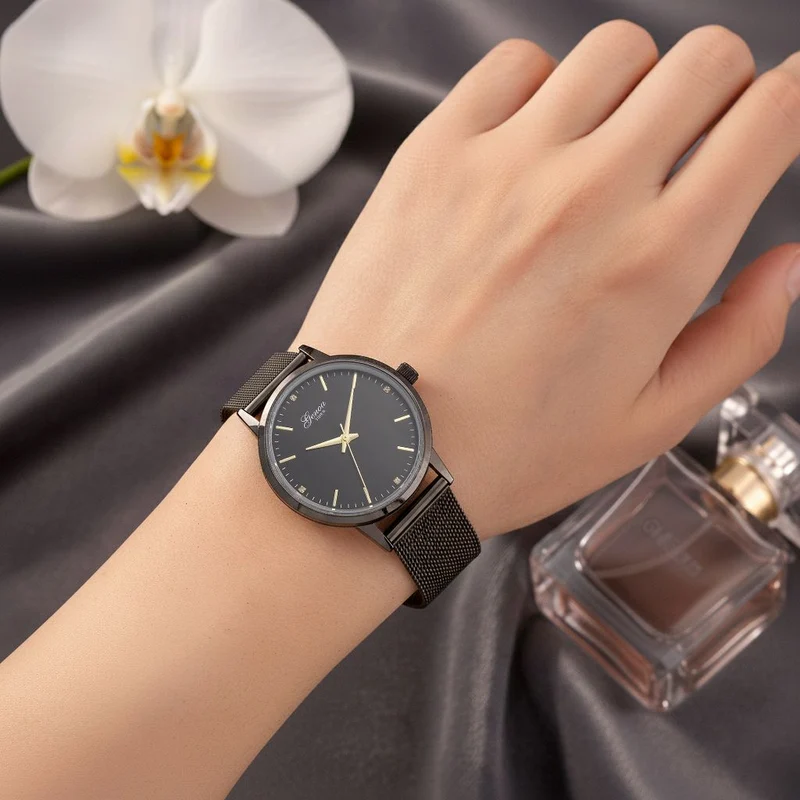 GENOA TIME - V2 Automatik Armbanduhr, Gehäuse 316 Edelstahl Sonnenschein Zifferblatt mit weißem Diamant Edelstahl Mesharmband goldfarben
