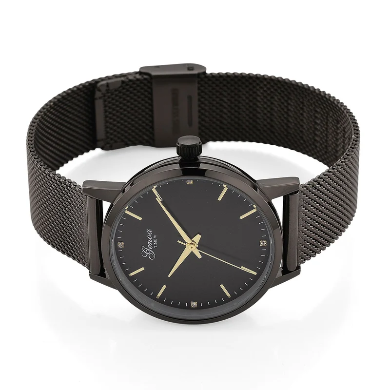 GENOA TIME - V2 Automatik Armbanduhr, Gehäuse 316 Edelstahl Sonnenschein Zifferblatt mit weißem Diamant Edelstahl Mesharmband goldfarben