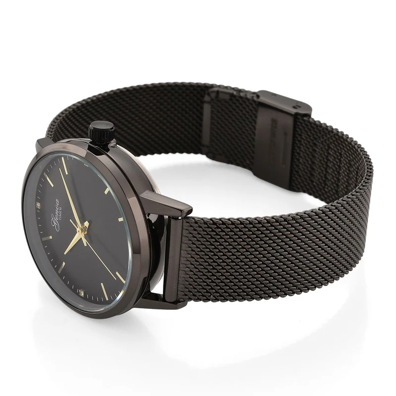 GENOA TIME - V2 Automatik Armbanduhr, Gehäuse 316 Edelstahl Sonnenschein Zifferblatt mit weißem Diamant Edelstahl Mesharmband goldfarben