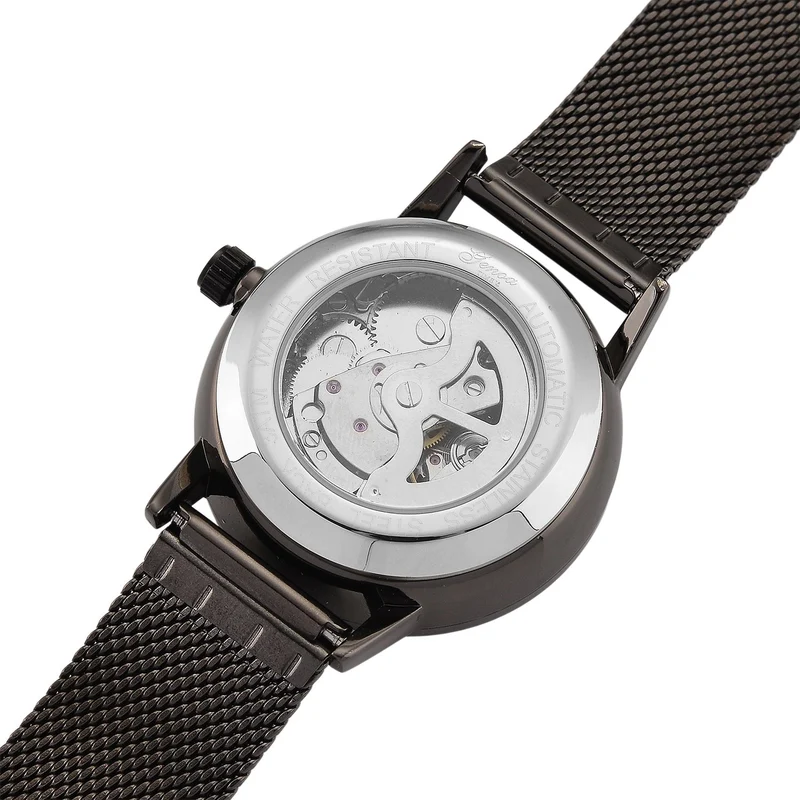 GENOA TIME - V2 Automatik Armbanduhr, Gehäuse 316 Edelstahl Sonnenschein Zifferblatt mit weißem Diamant Edelstahl Mesharmband goldfarben