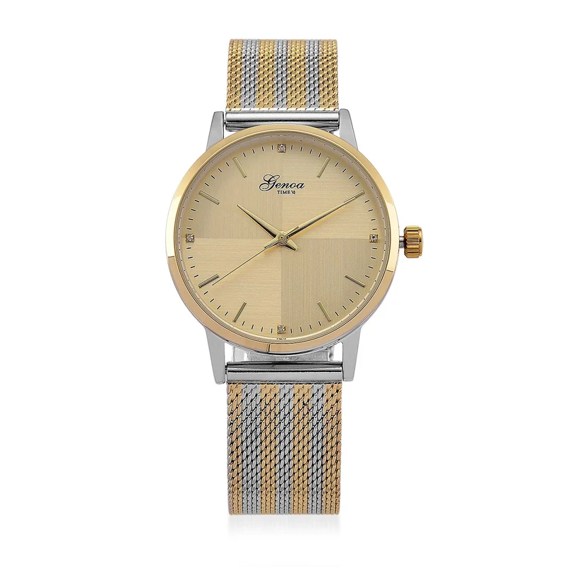 GENOA TIME - V2 Automatik Armbanduhr, Gehäuse 316 Edelstahl Sonnenschein Zifferblatt mit weißem Diamant Edelstahl Mesharmband goldfarben