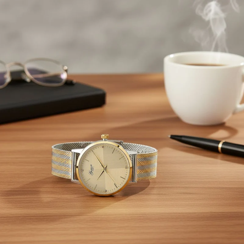 GENOA TIME - V2 Automatik Armbanduhr, Gehäuse 316 Edelstahl Sonnenschein Zifferblatt mit weißem Diamant Edelstahl Mesharmband goldfarben