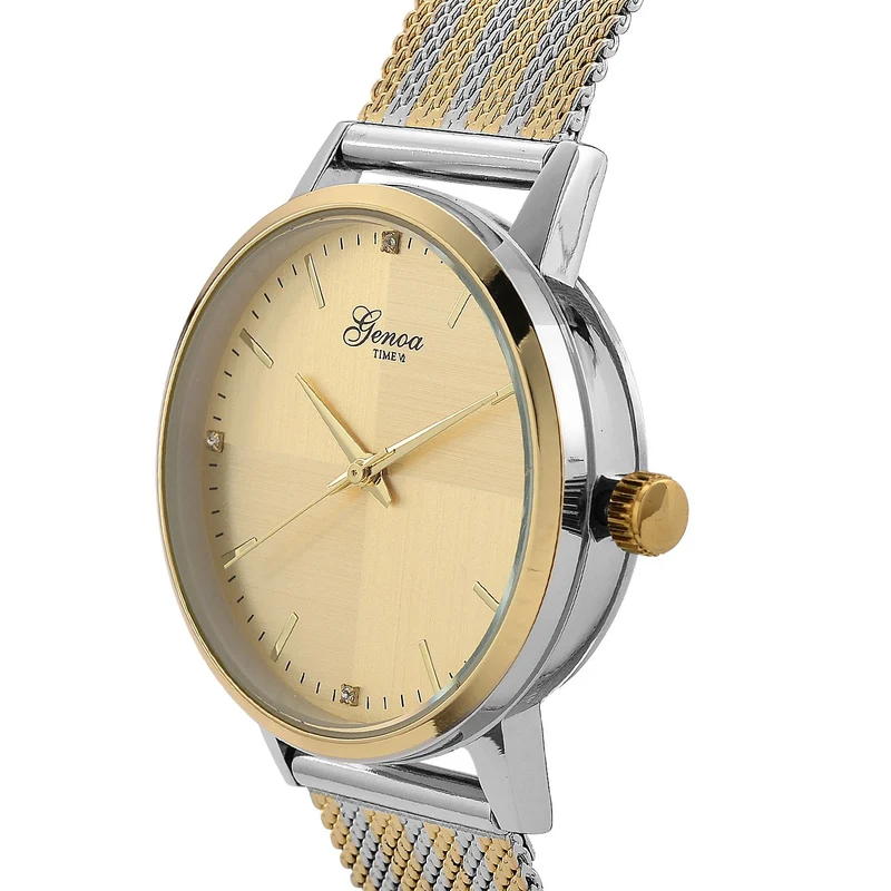 GENOA TIME - V2 Automatik Armbanduhr, Gehäuse 316 Edelstahl Sonnenschein Zifferblatt mit weißem Diamant Edelstahl Mesharmband goldfarben