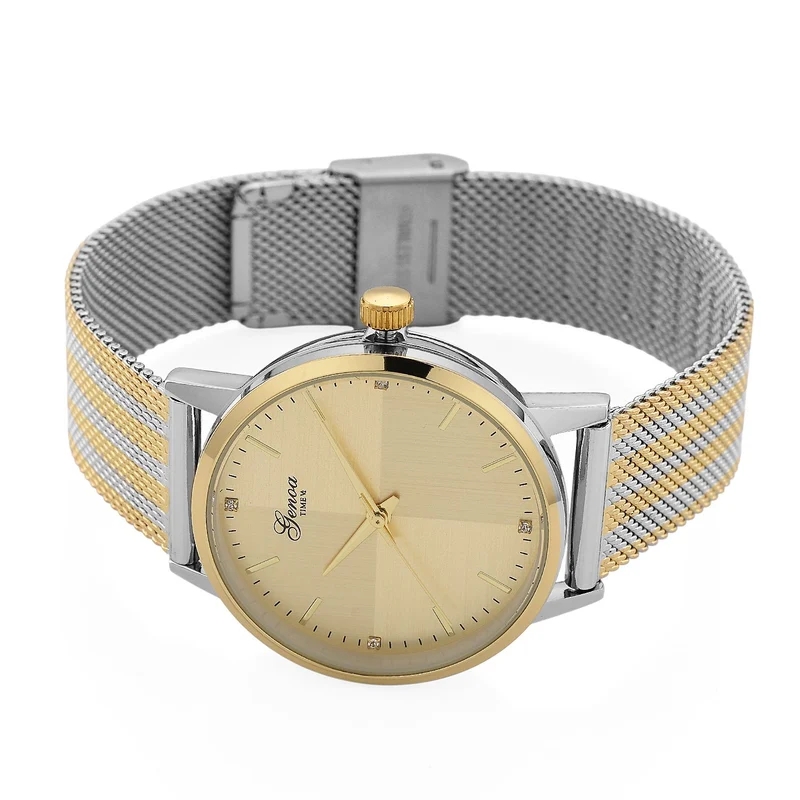 GENOA TIME - V2 Automatik Armbanduhr, Gehäuse 316 Edelstahl Sonnenschein Zifferblatt mit weißem Diamant Edelstahl Mesharmband goldfarben