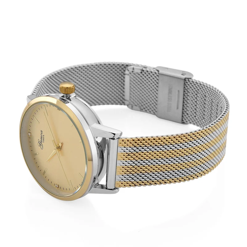 GENOA TIME - V2 Automatik Armbanduhr, Gehäuse 316 Edelstahl Sonnenschein Zifferblatt mit weißem Diamant Edelstahl Mesharmband goldfarben