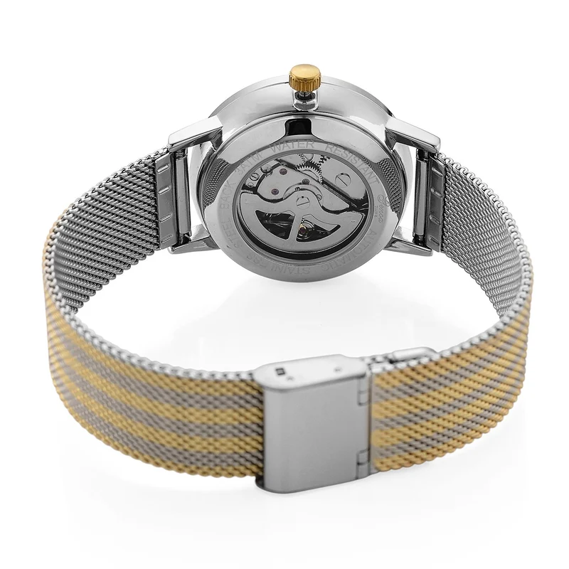 GENOA TIME - V2 Automatik Armbanduhr, Gehäuse 316 Edelstahl Sonnenschein Zifferblatt mit weißem Diamant Edelstahl Mesharmband goldfarben