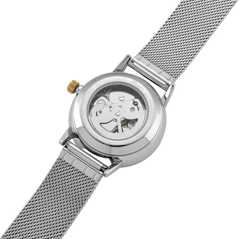 GENOA TIME - V2 Automatik Armbanduhr, Gehäuse 316 Edelstahl Sonnenschein Zifferblatt mit weißem Diamant Edelstahl Mesharmband goldfarben