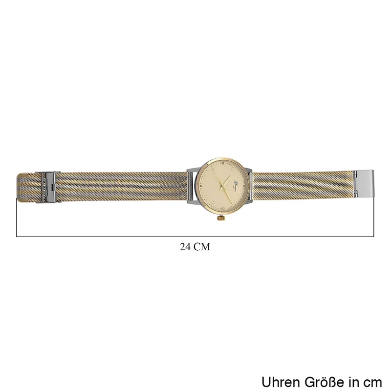 GENOA TIME - V2 Automatik Armbanduhr, Gehäuse 316 Edelstahl Sonnenschein Zifferblatt mit weißem Diamant Edelstahl Mesharmband goldfarben