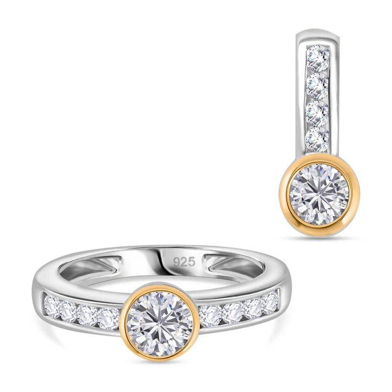 2er Set - Moissanit Anhänger und Ring, 925 Silber vergoldet und platiniert (Größe 19.00) ca. 1.36 ct