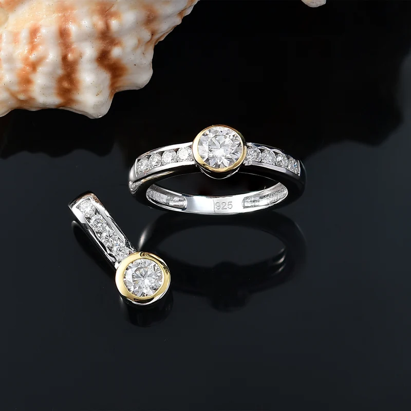 2er Set - Moissanit Anhänger und Ring, 925 Silber vergoldet und platiniert (Größe 19.00) ca. 1.36 ct