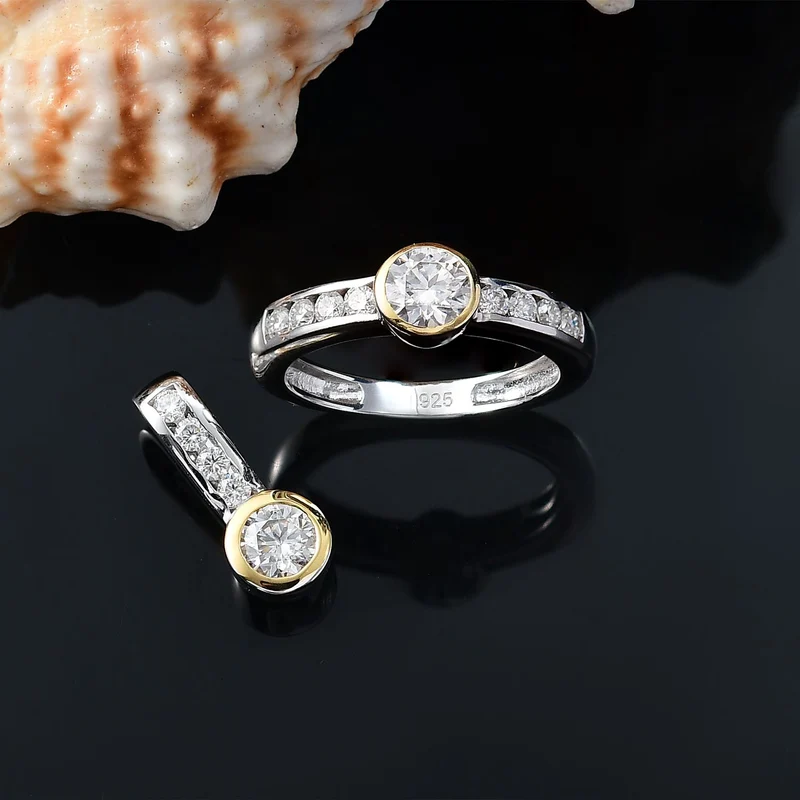 2er Set - Moissanit Anhänger und Ring, 925 Silber vergoldet und platiniert (Größe 19.00) ca. 1.36 ct