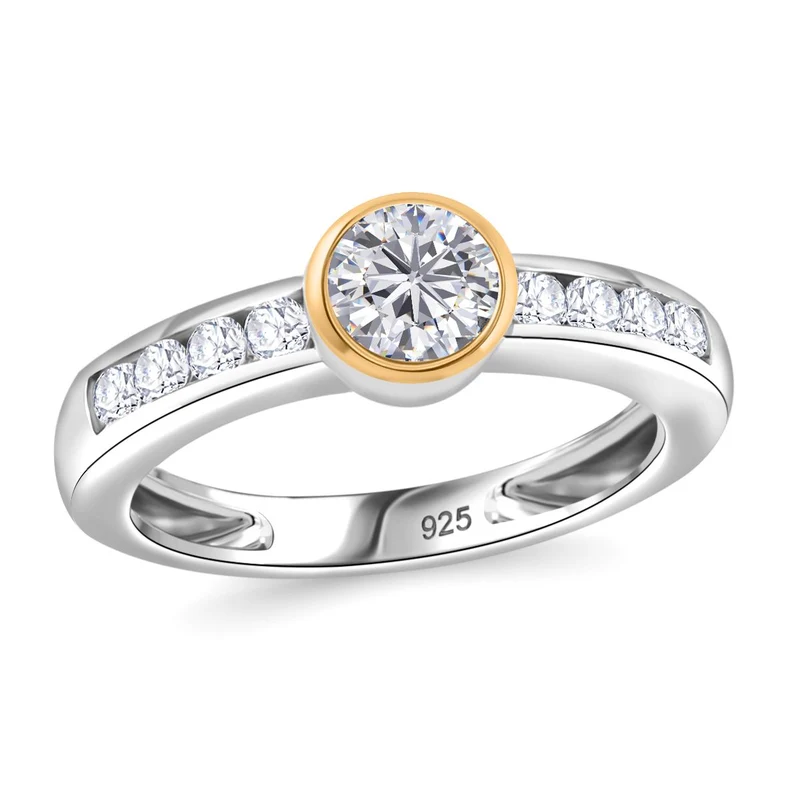 2er Set - Moissanit Anhänger und Ring, 925 Silber vergoldet und platiniert (Größe 19.00) ca. 1.36 ct