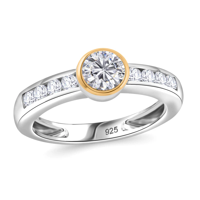2er Set - Moissanit Anhänger und Ring, 925 Silber vergoldet und platiniert (Größe 19.00) ca. 1.36 ct