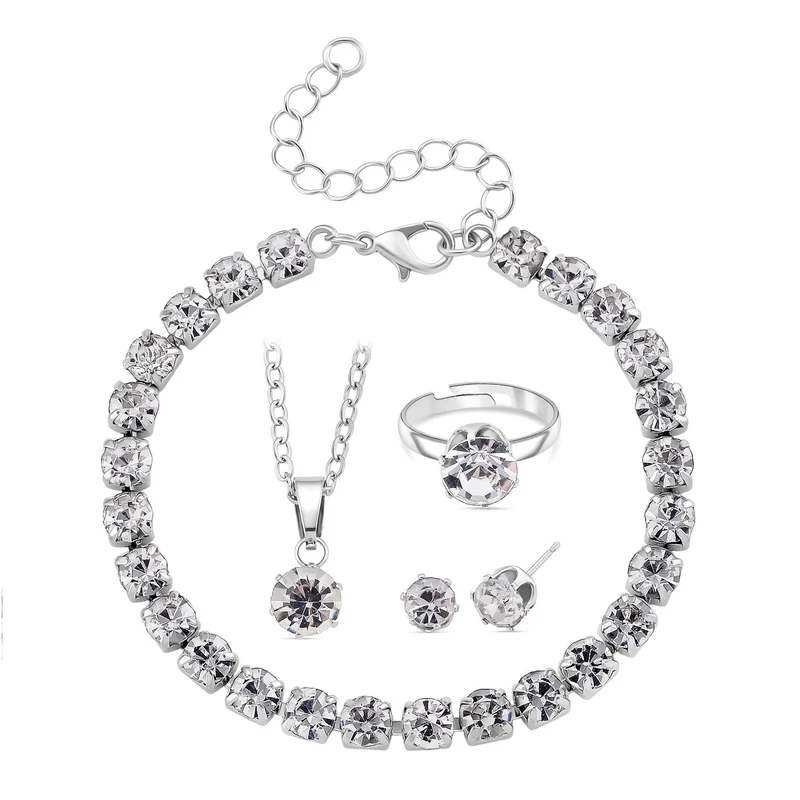 4er Set - Weißer Kristall Schmuckset Nickelfreies Messing Silberfarben, Flexibles (Größe 17.00-18.00)
