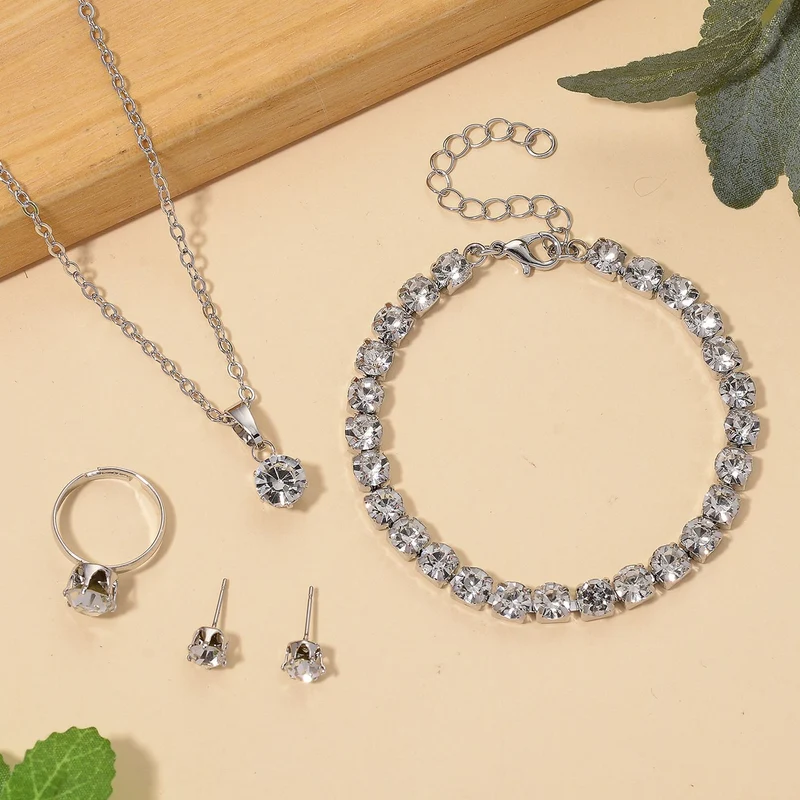 4er Set - Weißer Kristall Schmuckset Nickelfreies Messing Silberfarben, Flexibles (Größe 17.00-18.00)